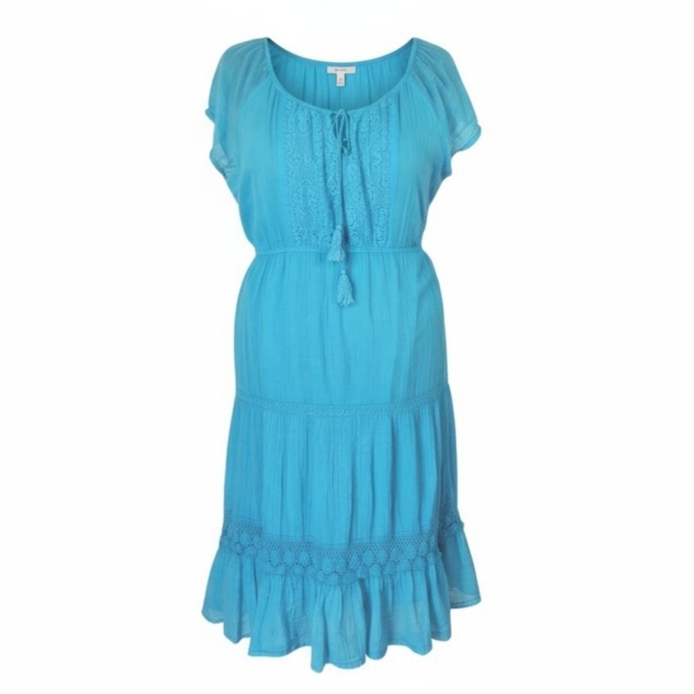 Mlle Gabrielle Midi Dress Size 3X Turquoise Tiered Crochet Trim Lined Cotton New